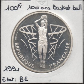 100 francs Argent BE 1991, 100 ans Basket-ball - Le Lancer Franc