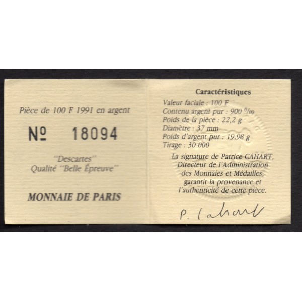 100 francs/15 écus Descartes 1991 BE, France pièce de monnaie