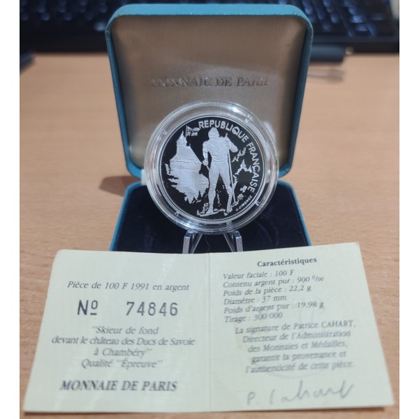 100 franc argent BE 1991, JO Albertville - Ski de fond