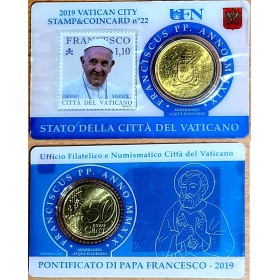 Pièce 50 centimes d'euro + timbres Coincard N°22, Vatican 2019 Pape François