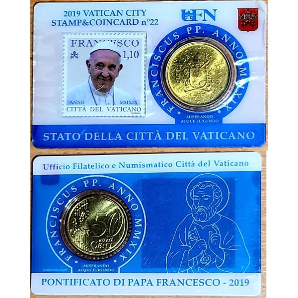 Pièce 50 centimes d'euro + timbres Coincard N°22, Vatican 2019 Pape François