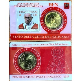 Pièce 50 centimes d'euro + timbres Coincard N°24, Vatican 2019 Pape François
