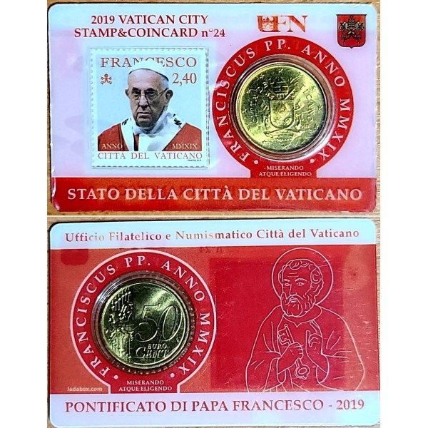 Pièce 50 centimes d'euro + timbres Coincard N°24, Vatican 2019 Pape François