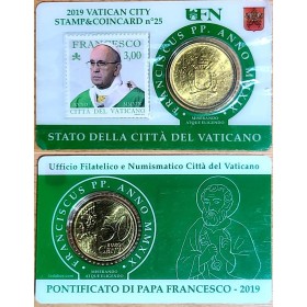 Pièce 50 centimes d'euro + timbres Coincard N°25, Vatican 2019 Pape François