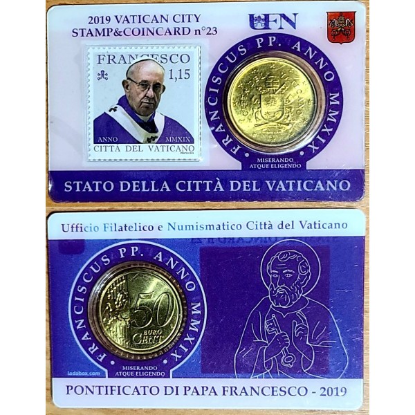Pièce 50 centimes d'euro + timbres Coincard N°23, Vatican 2019 Pape François