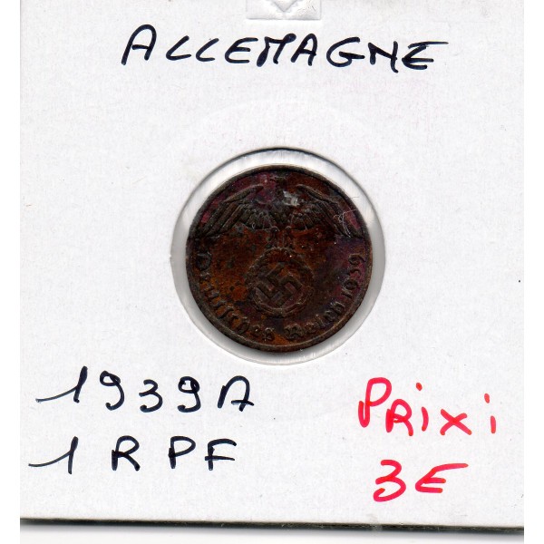 Allemagne 1 reichspfennig 1939 A, TTB KM.89 swastika