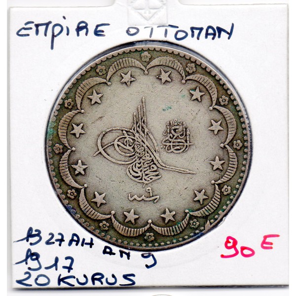 Empire Ottoman 20 Kurus 1327 AH an 9 - 1917 TTB, KM.780 Mehmet V