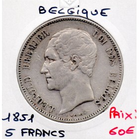 Belgique 5 Francs 1851 TTB, KM.17 Leopold 1er