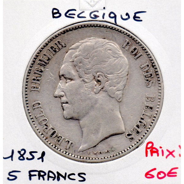 Belgique 5 Francs 1851 TTB, KM.17 Leopold 1er