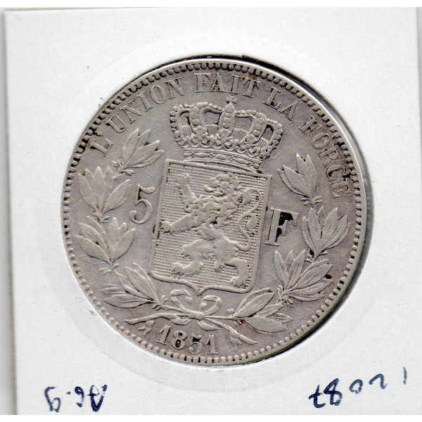 Belgique 5 Francs 1851 TTB, KM.17 Leopold 1er