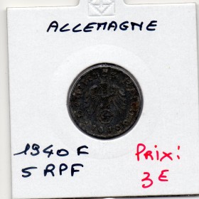 Allemagne 5 reichspfennig 1940 F, TTB KM.100 Stuttgart