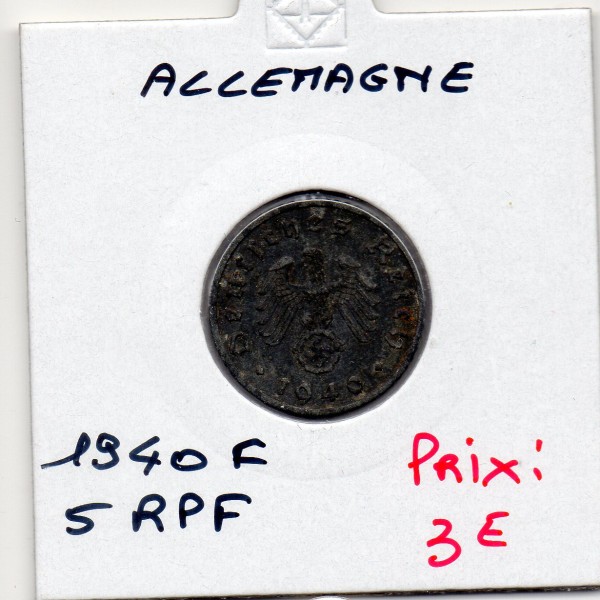 Allemagne 5 reichspfennig 1940 F, TTB KM.100 Stuttgart