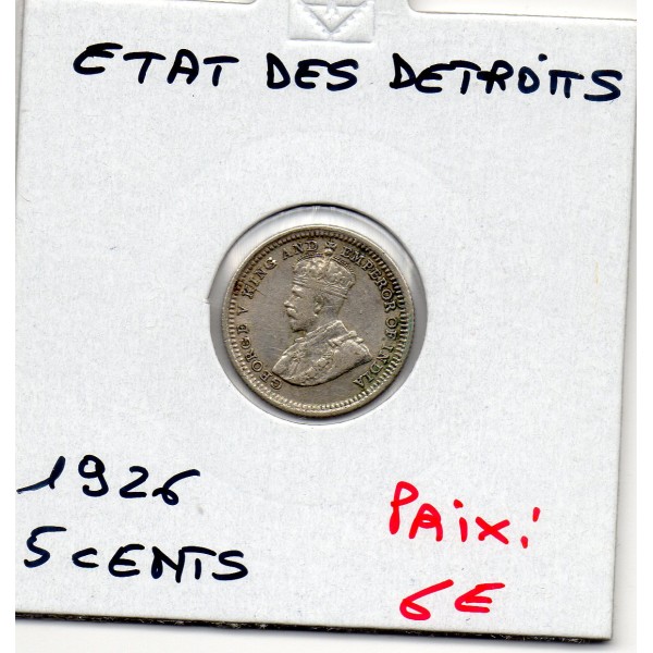 Etablissement des Détroits 5 cents 1926 TTB, KM.36 Georges V