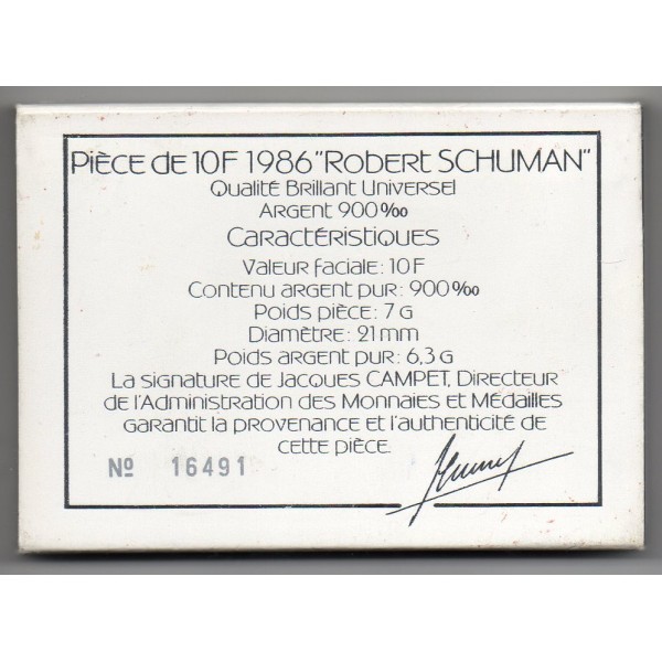 Epreuve argent 10 francs Schuman BU 1986