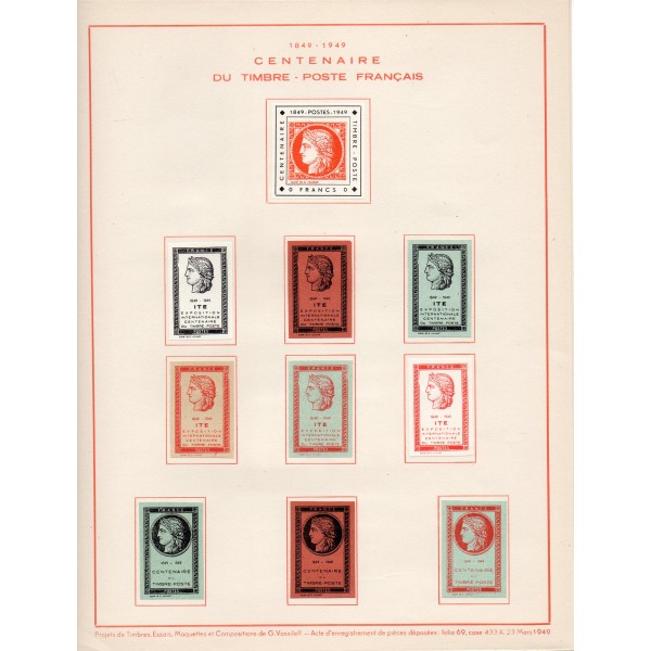Rare document du centenaire du timbre 1849-1949 avec 27 vignettes