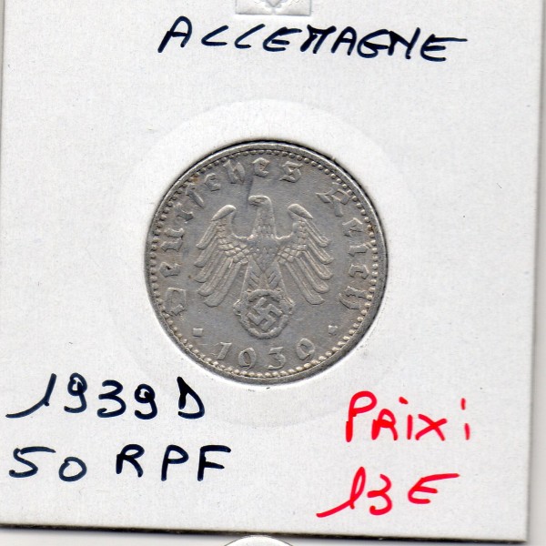 Allemagne 50 reichspfennig 1939 D, Sup KM.96