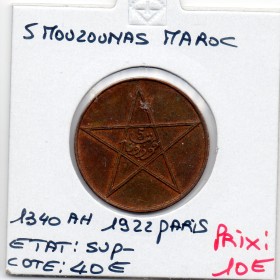 Maroc 5 Mouzounas 1340 AH -1922 Sup-, Lec.66 Moulay Yussef