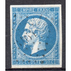 Timbre France Yvert No 14A Type I Empire 20c Bleu Oblitéré Petits chiffres