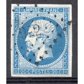 Timbre France Yvert No 14B Type II Empire 20c Bleu Oblitéré petits chiffres