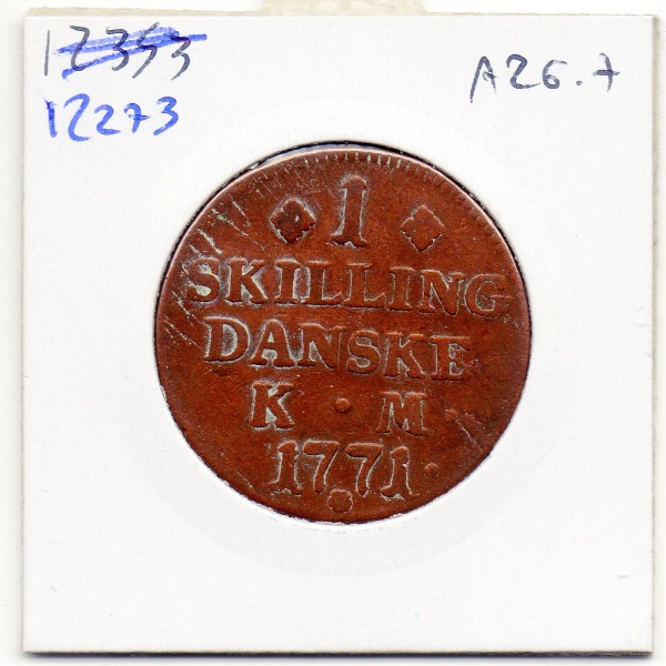 Danemark 1 skilling 1771 C Large B, KM 616 pièce de monnaie