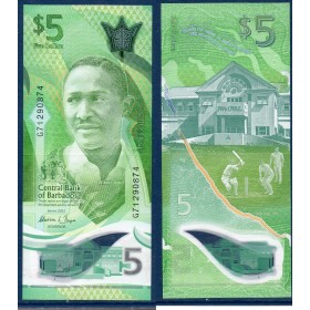Barbade P.81a, TTB Billet de 5 dollars 2022 Frank Mortimer Maglinne Worrell