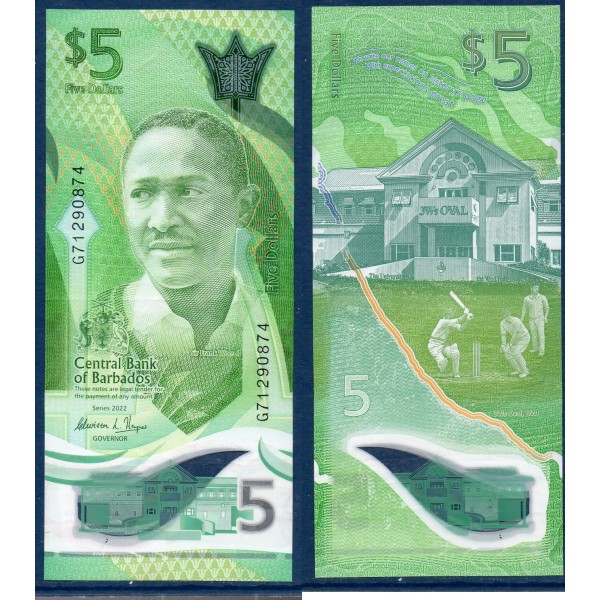 Barbade P.81a, TTB Billet de 5 dollars 2022 Frank Mortimer Maglinne Worrell