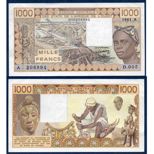 BCEAO P.107Ab Cote d'Ivoire, TTB Billet de 1000 Francs CFA 1981 sculpteur
