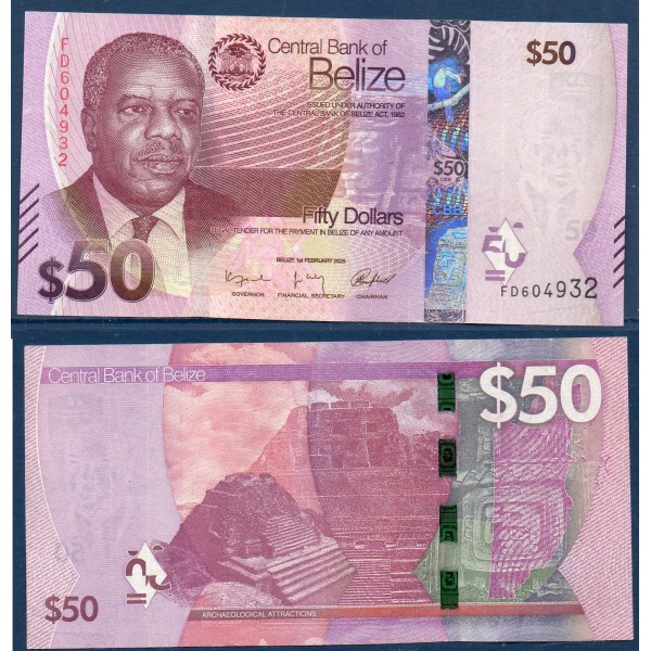 Belize P.77, TTB Billet de 50 dollars 2025 Philip Goldson