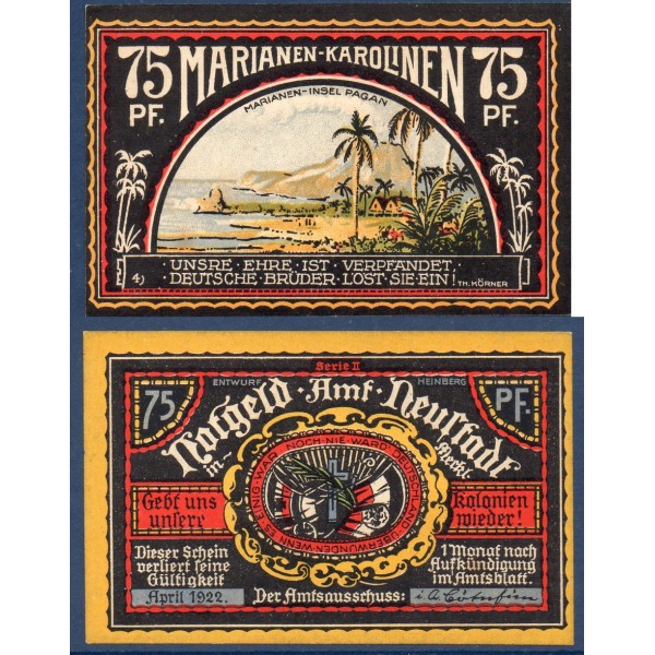 Marianen Karolinen notgeld 75 pfennig, avril 1922 neuf
