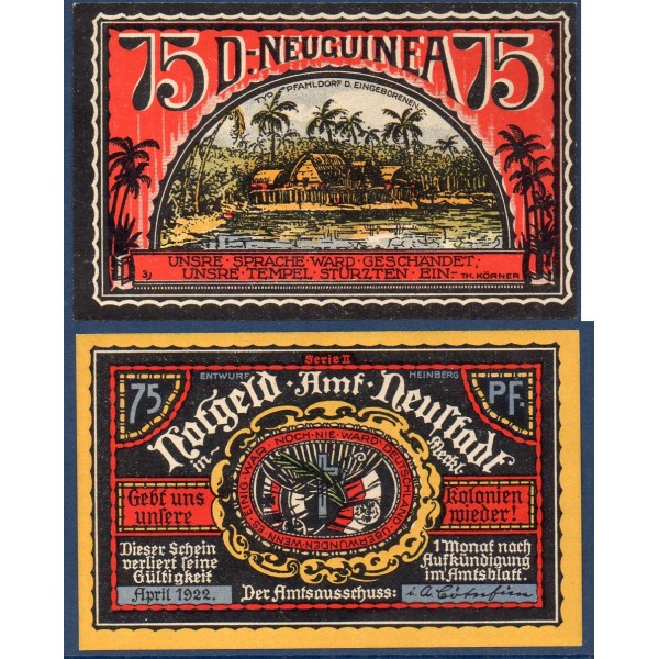 Neuguinea notgeld 75 pfennig, avril 1922 neuf