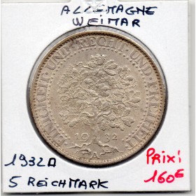 Allemagne 5 reichsmark 1932 A, TTB+ KM.56 Weimar, chêne