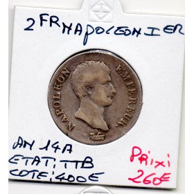 2 Francs Napoléon 1er An 14 A Paris TTB tête nue