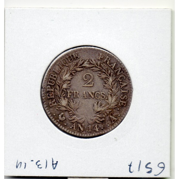 2 Francs Napoléon 1er An 14 A Paris TTB tête nue