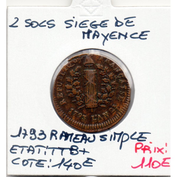 2 sols siège de Mayence 1793 TTB+ rameau simple