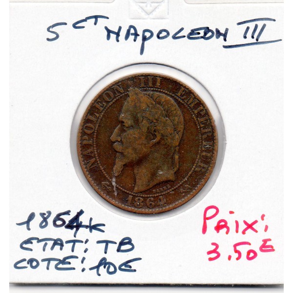 5 centimes Napoléon III tête laurée 1864 K Bordeaux TB