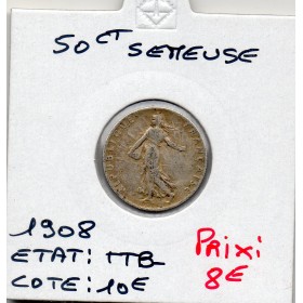 50 centimes Semeuse Argent 1908 TTB-