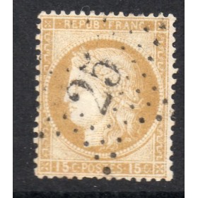 Timbre France Yvert No 55 Type Cérès 15c bistre Oblitéré gros chiffres