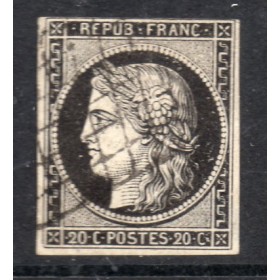 Timbre France Yvert No 3a Type Cérès 20c Noir sur blanc Oblitéré Grille