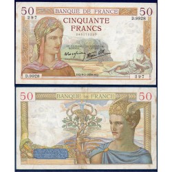 50 Francs Cérès TTB- 9.3.1939 Billet de la banque de France