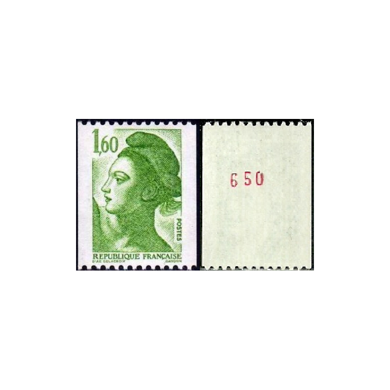 Timbre Yvert No 2222a numéro rouge variété Type marianne Liberté 1.60f vert de roulette