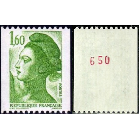 Timbre Yvert No 2222a numéro rouge variété Type marianne Liberté 1.60f vert de roulette