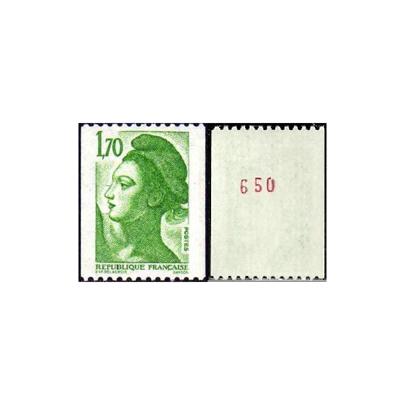 Timbre Yvert No 2321a Numéro rouge variété Marianne type liberté de Delacroix de roulette 1.70fr vert