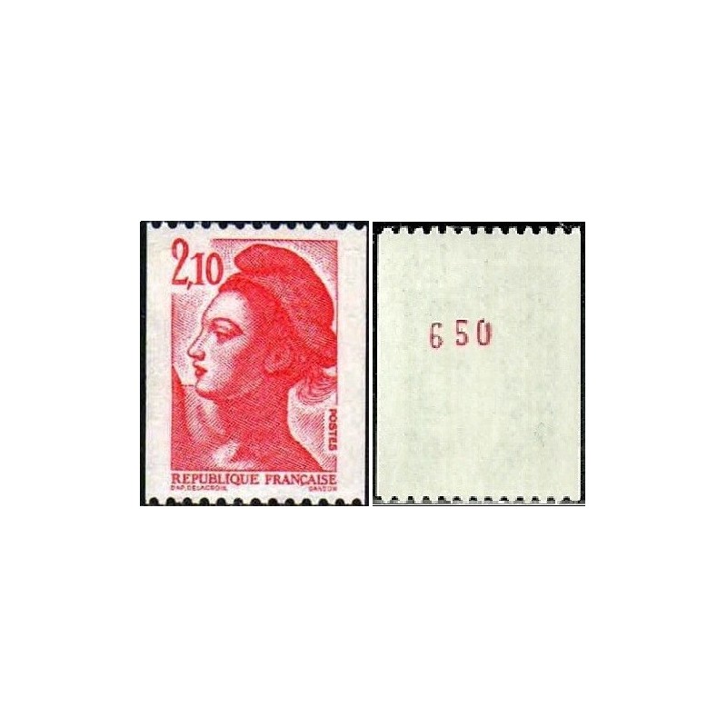 Timbre Yvert No 2322a numéro rouge variété Marianne type liberté de Delacroix de roulette 2.10fr rouge