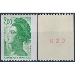 Timbre Yvert No 2487c numéro rouge gomme brillante variété Marianne type liberté de Delacroix 2.00fr vert de roulette