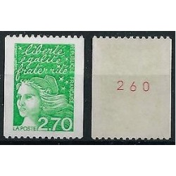 Timbre Yvert No 3100a numéro rouge variété Type marianne du 14 juillet luquet de roulette