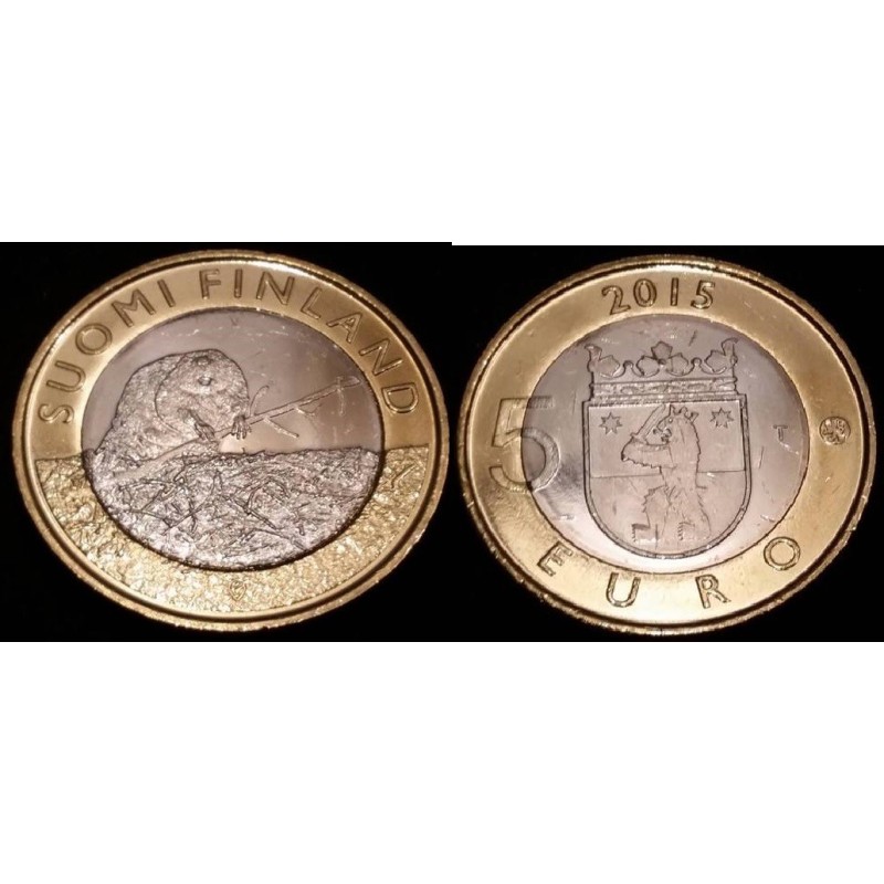 5 euros Finlande 2015, Faune des provinces, Satakunta « Le Castor Européen  » piece de monnaie