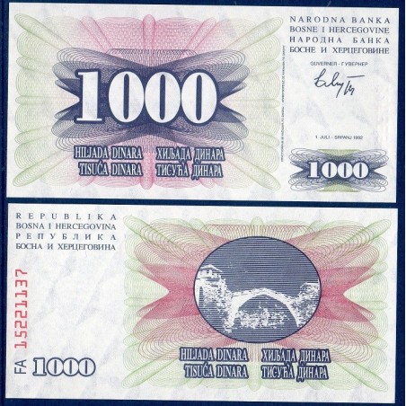 Bosnie Pick N°15a, Billet de banque de 1000 Dinara 1992