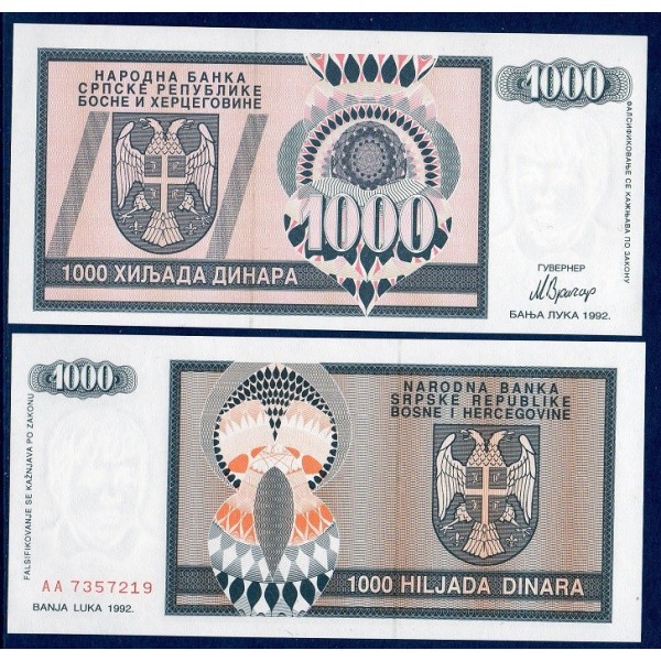 Bosnie P.137a, neuf Billet de 1000 Dinara 1992