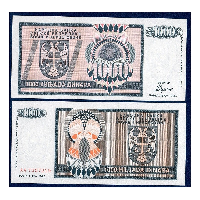 Bosnie Pick N°137a, Billet de banque de 1000 Dinara 1992