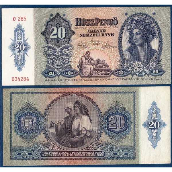 Hongrie P.109, TB Billet de 20 Pengo 1941 femme coiffée